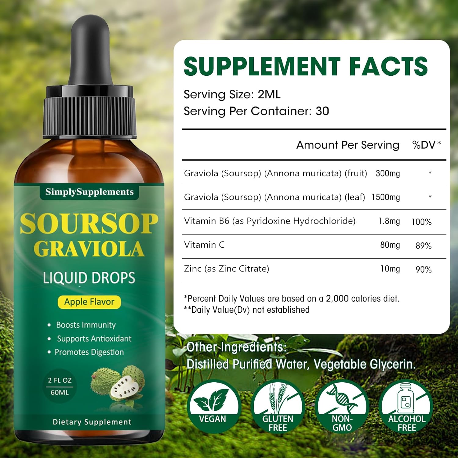 Soursop Graviola Leaf Extract Liquid Drops for Cell Support, Immune Boost, and Sleep - Apple Flavored 2 Fl Oz