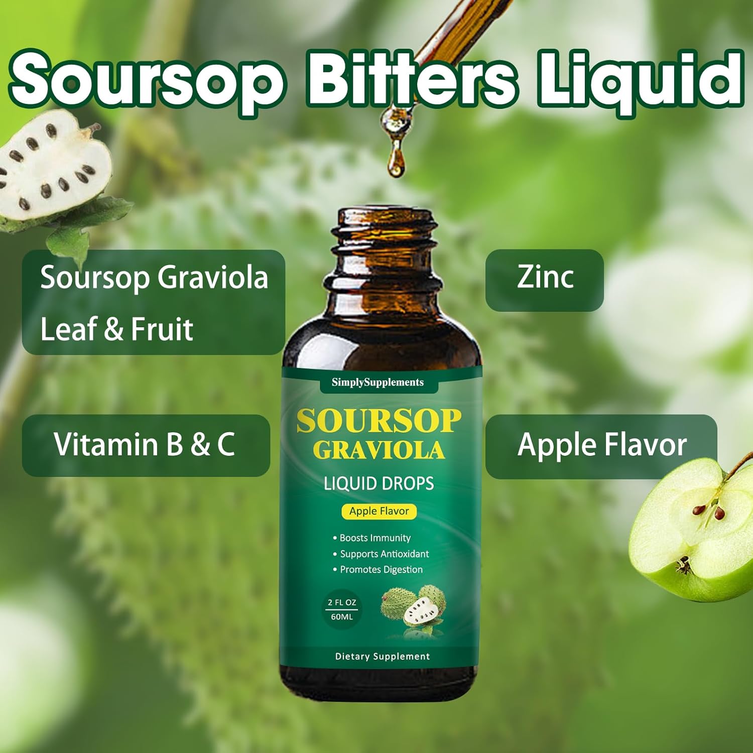 Soursop Graviola Leaf Extract Liquid Drops for Cell Support, Immune Boost, and Sleep - Apple Flavored 2 Fl Oz