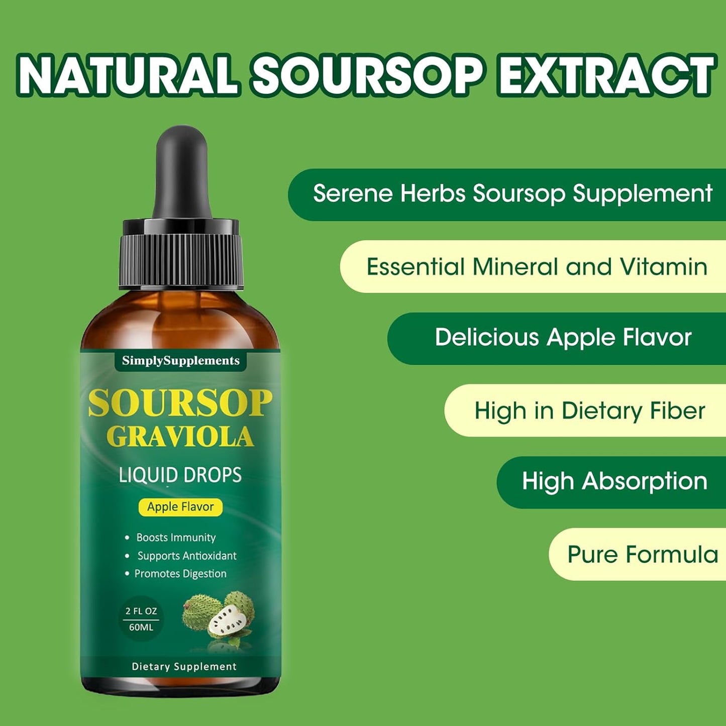 Soursop Graviola Leaf Extract Liquid Drops for Cell Support, Immune Boost, and Sleep - Apple Flavored 2 Fl Oz