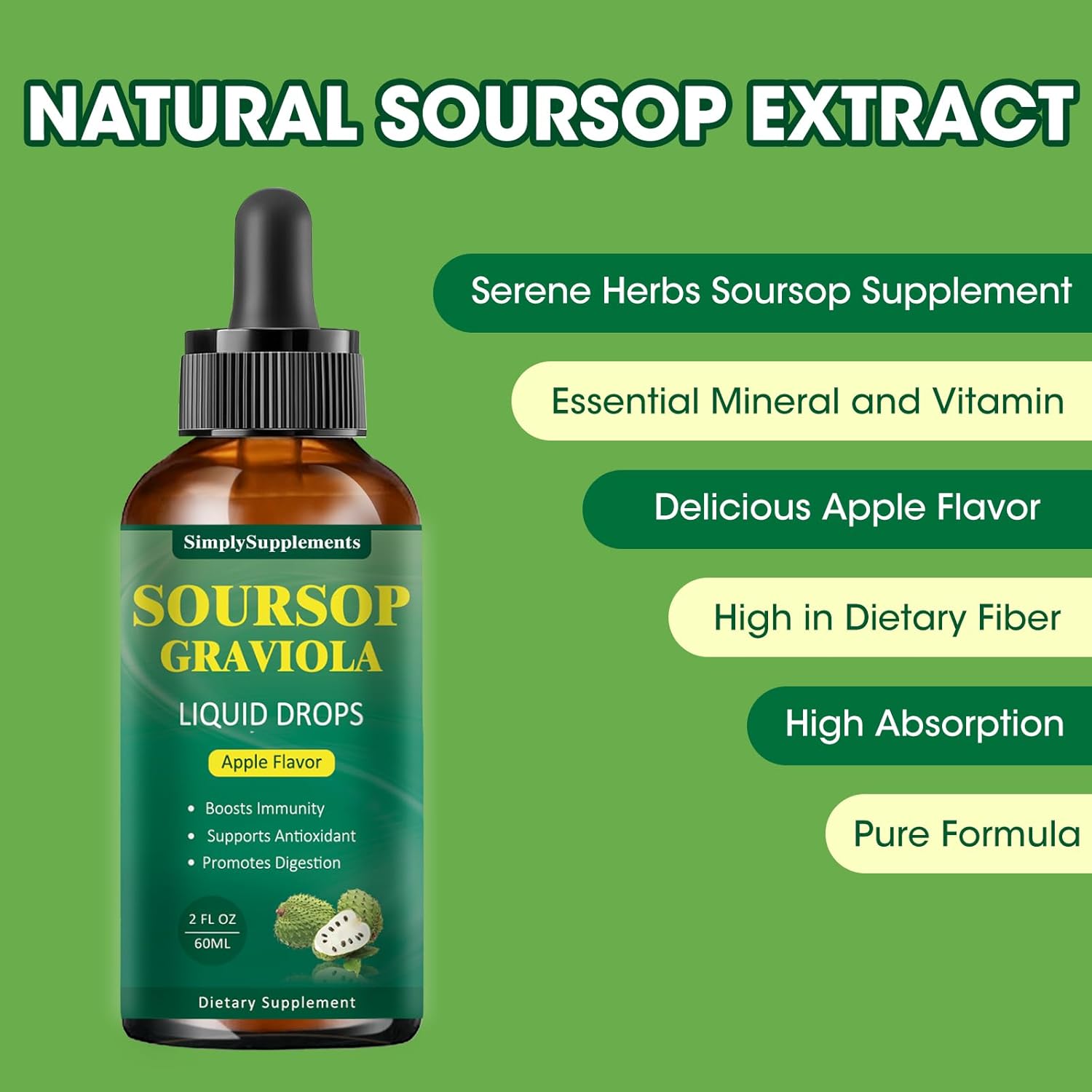 Soursop Graviola Leaf Extract Liquid Drops for Cell Support, Immune Boost, and Sleep - Apple Flavored 2 Fl Oz