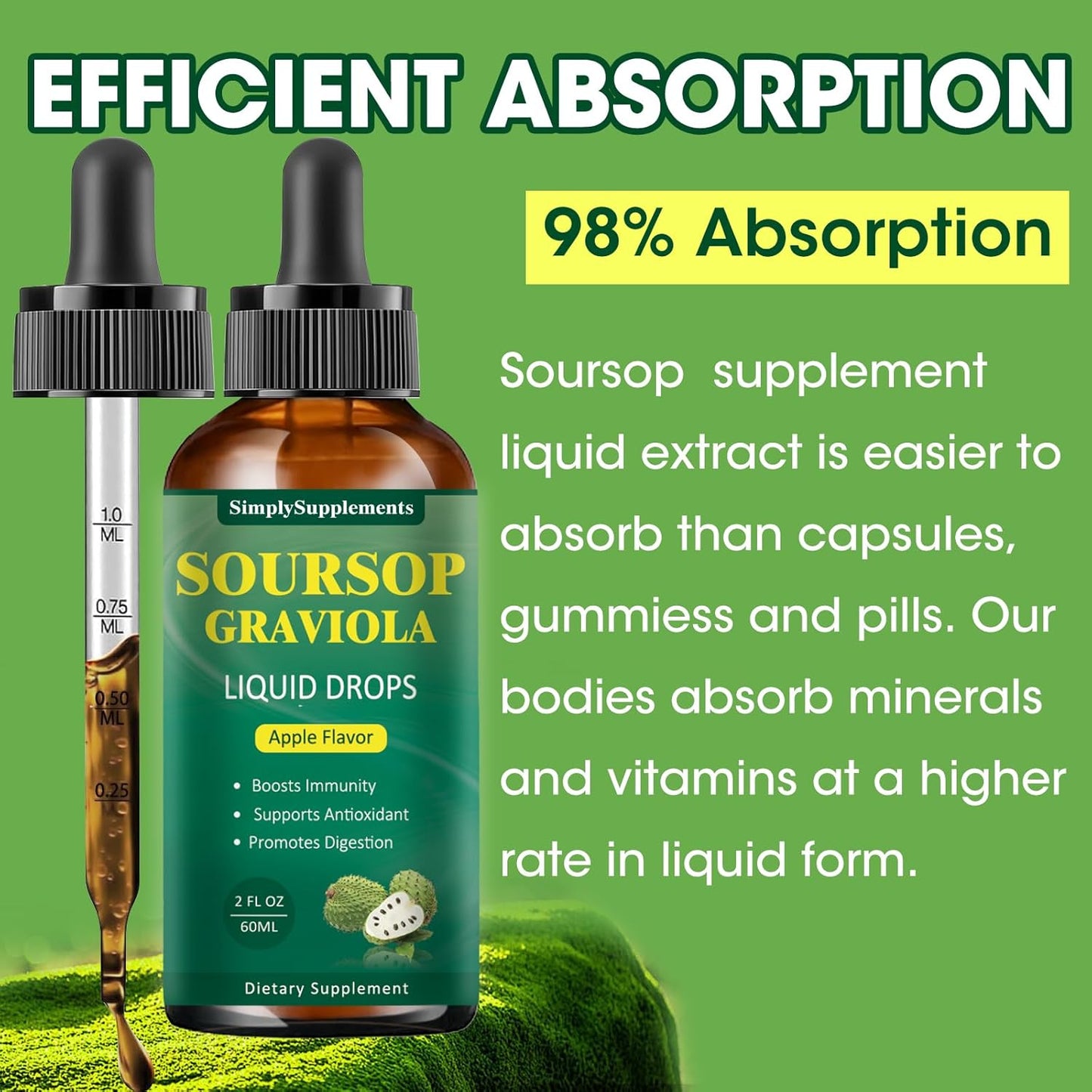 Soursop Graviola Leaf Extract Liquid Drops for Cell Support, Immune Boost, and Sleep - Apple Flavored 2 Fl Oz