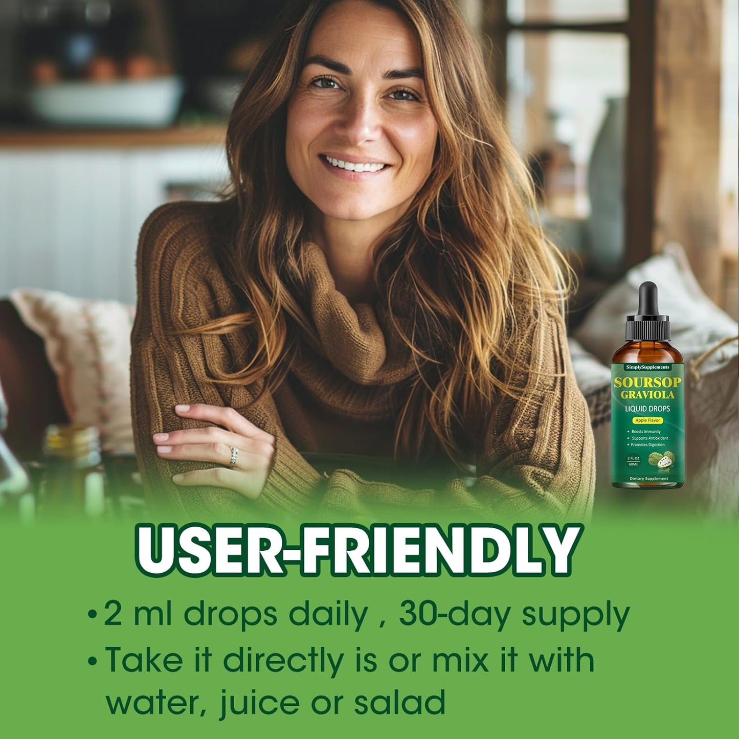 Soursop Graviola Leaf Extract Liquid Drops for Cell Support, Immune Boost, and Sleep - Apple Flavored 2 Fl Oz