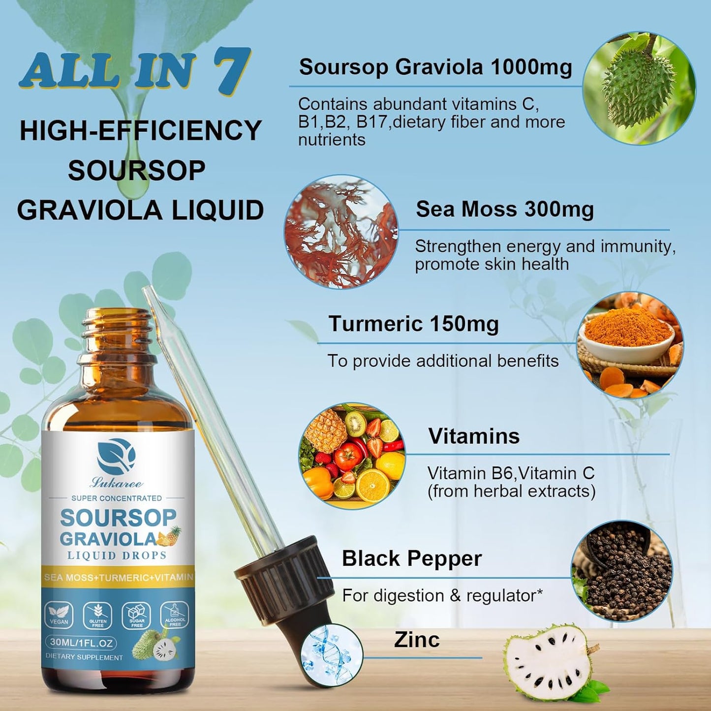 Soursop Graviola Leaf Extract Liquid Drops & Magnesium Complex Supplement Pack of 3