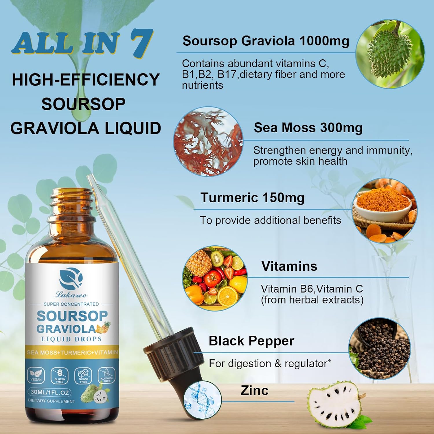 Soursop Graviola Leaf Extract Liquid Drops & Magnesium Complex Supplement Pack of 3