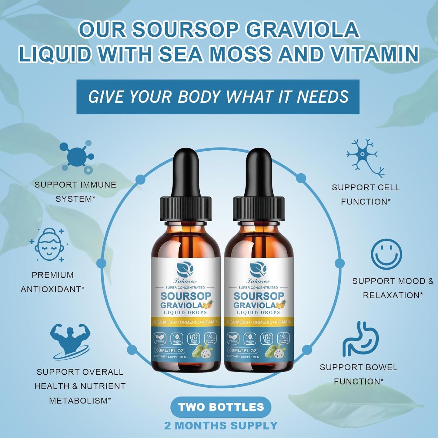 Soursop Graviola Leaf Extract Liquid Drops & Magnesium Complex Supplement Pack of 3