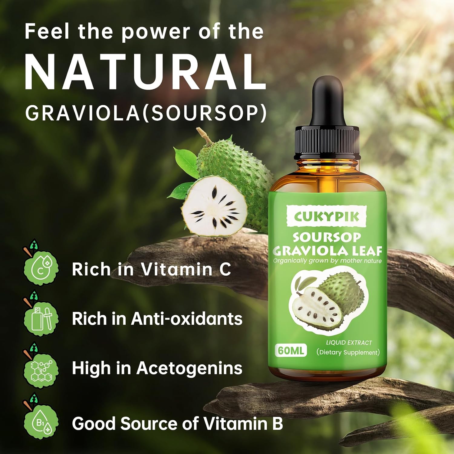 Soursop Graviola Leaf Extract Liquid Drops with Botanical Antioxidants for Cell Support - 2oz Supply