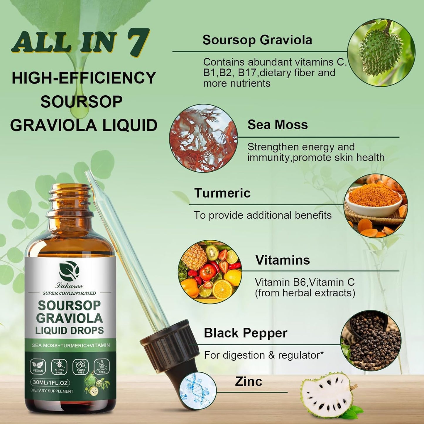 Soursop Graviola Leaf Extract Liquid Drops with Sea Moss for Immune Support & Antioxidants - 90 Day Supply, 1 Fl Oz