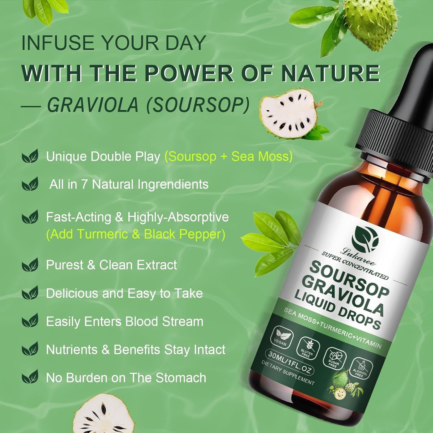 Soursop Graviola Leaf Extract Liquid Drops with Sea Moss for Immune Support & Antioxidants - 90 Day Supply, 1 Fl Oz