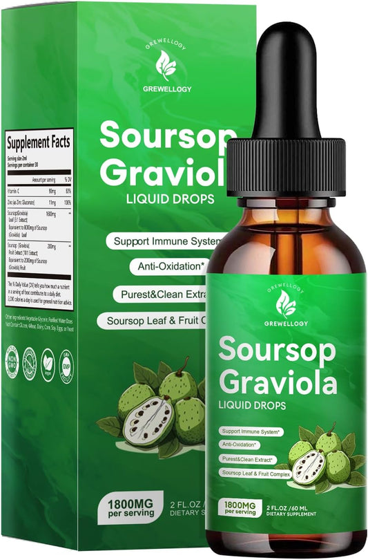 Soursop Graviola Liquid Drops - Cell Support, Sleep Aid, Skin Health - 1800mg Leaf & Fruit Extract - 2 Fl Oz