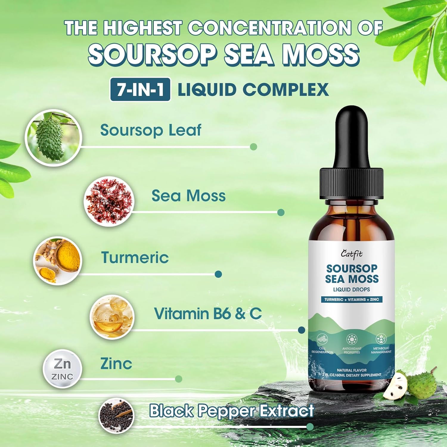 Soursop Graviola Liquid Drops (2 Pack) with Sea Moss & Turmeric - Enhanced Cell, Immune, & Antioxidant Support