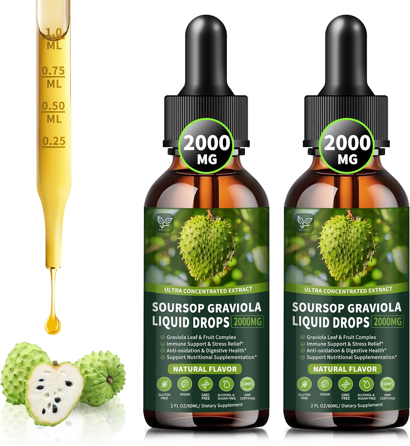 Soursop Graviola Liquid Drops 2000mg (2 Pack) for Cell Support & Immune Boost - Herbal Goodness, Liver Health - Natural Flavor, Liquid-Sugar/Gluten Free - 4 Fl Oz