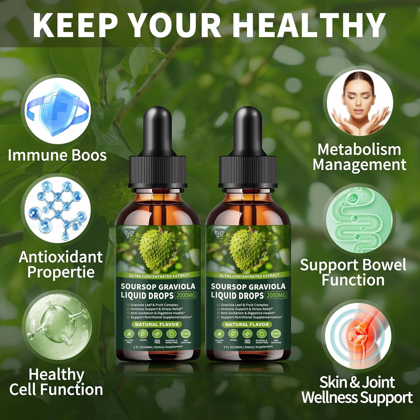 Soursop Graviola Liquid Drops 2000mg (2 Pack) for Cell Support & Immune Boost - Herbal Goodness, Liver Health - Natural Flavor, Liquid-Sugar/Gluten Free - 4 Fl Oz