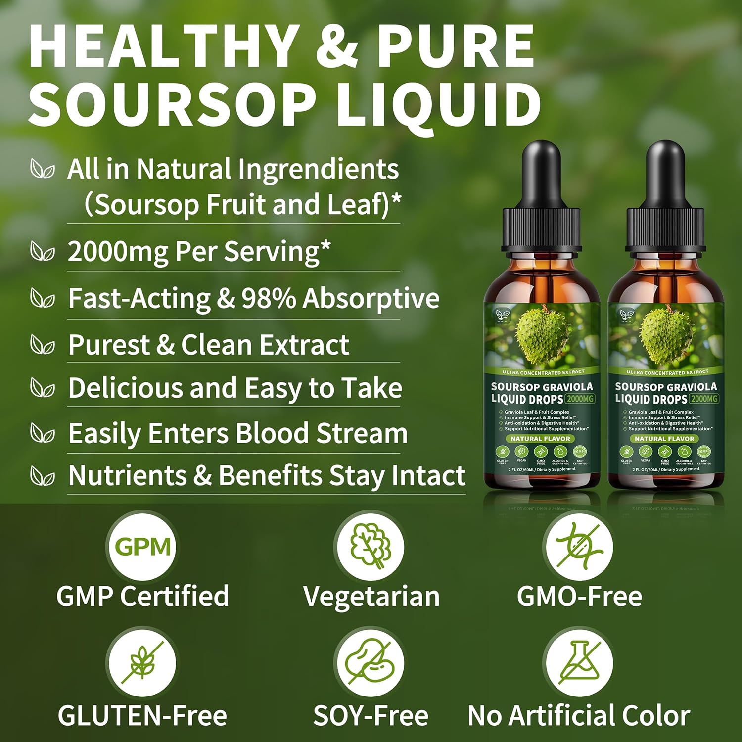 Soursop Graviola Liquid Drops 2000mg (2 Pack) for Cell Support & Immune Boost - Herbal Goodness, Liver Health - Natural Flavor, Liquid-Sugar/Gluten Free - 4 Fl Oz