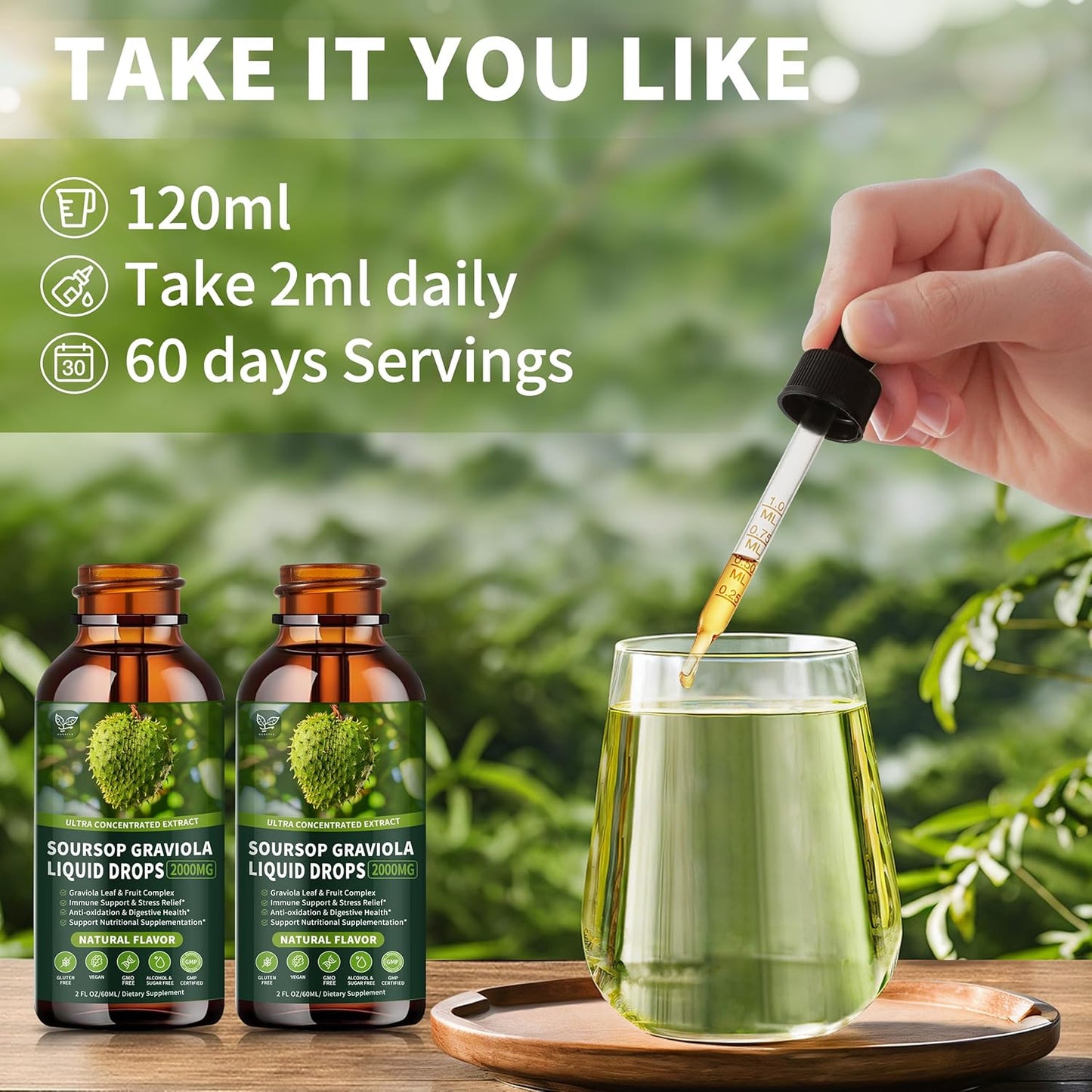 Soursop Graviola Liquid Drops 2000mg (2 Pack) for Cell Support & Immune Boost - Herbal Goodness, Liver Health - Natural Flavor, Liquid-Sugar/Gluten Free - 4 Fl Oz