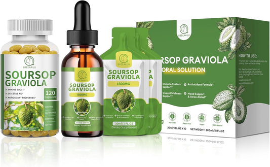 Soursop Graviola Liquid, Drops, and Capsules for Cell Regeneration, Immunity Boost, and Antioxidant Support - Gluten Free and Non GMO Vegan Options