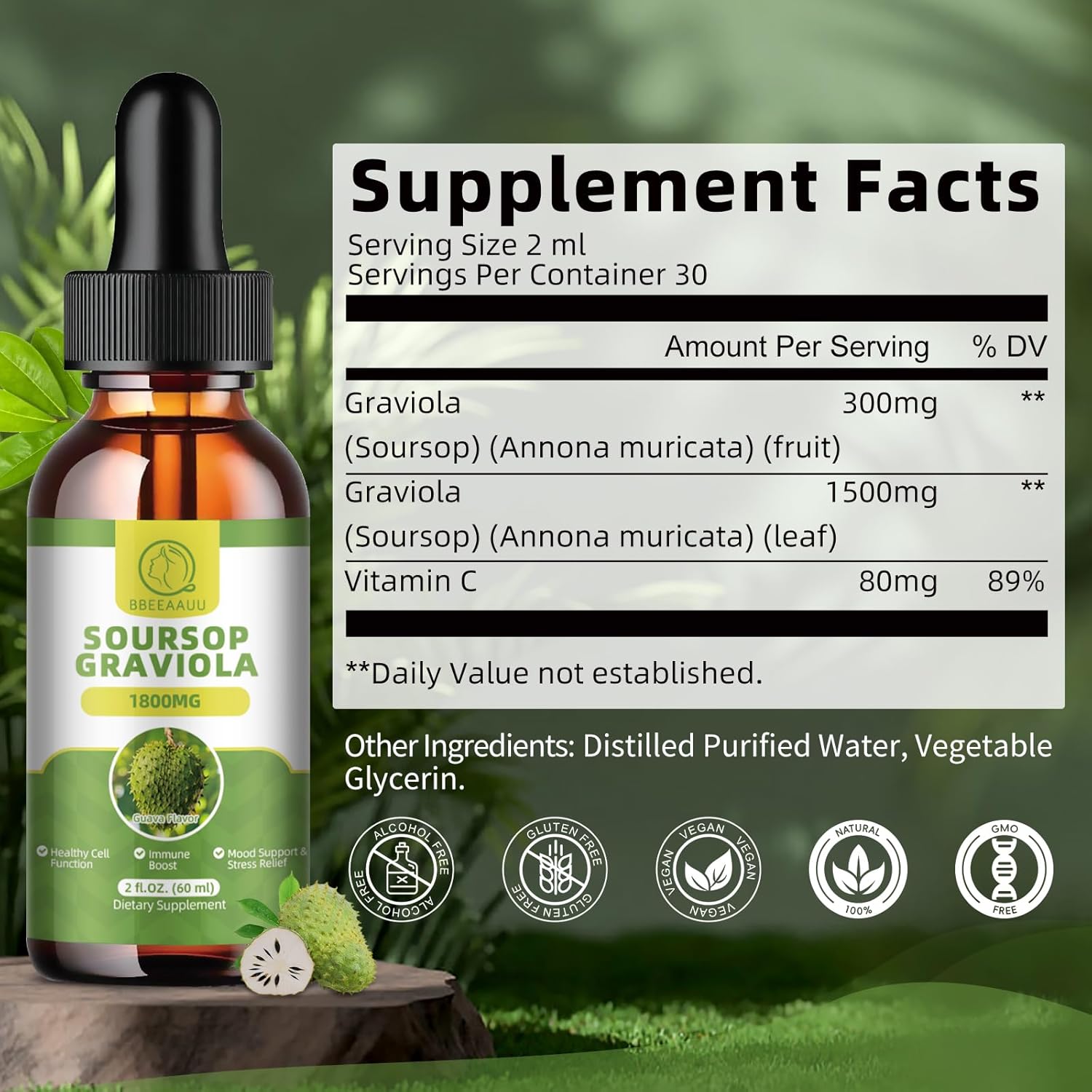 Soursop Graviola Liquid, Drops, and Capsules for Cell Regeneration, Immunity Boost, and Antioxidant Support - Gluten Free and Non GMO Vegan Options