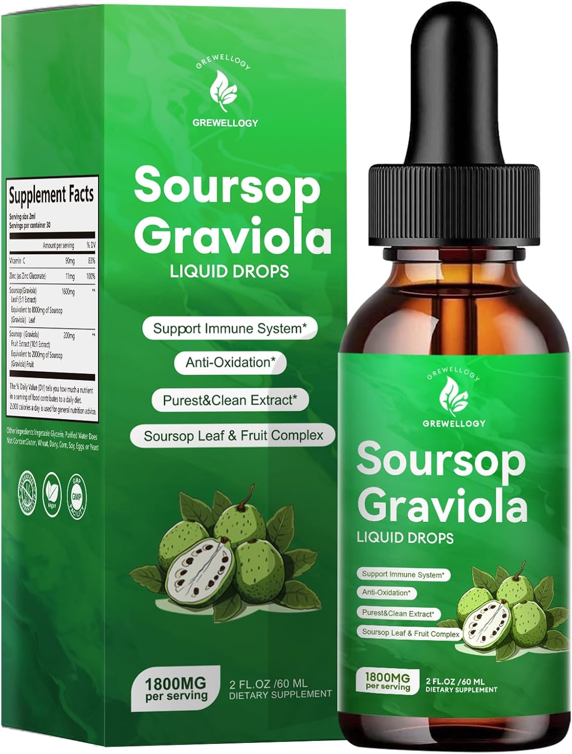 Soursop Graviola Liquid Drops Supplements for Cell Support, Sleep, Skin, Immune Boost - Original Flavor, 2 Fl Oz