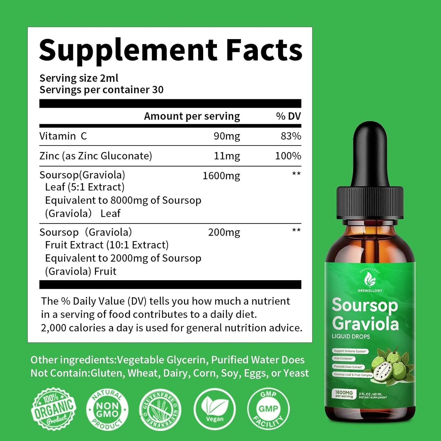 Soursop Graviola Liquid Drops Supplements for Cell Support, Sleep, Skin, Immune Boost - Original Flavor, 2 Fl Oz