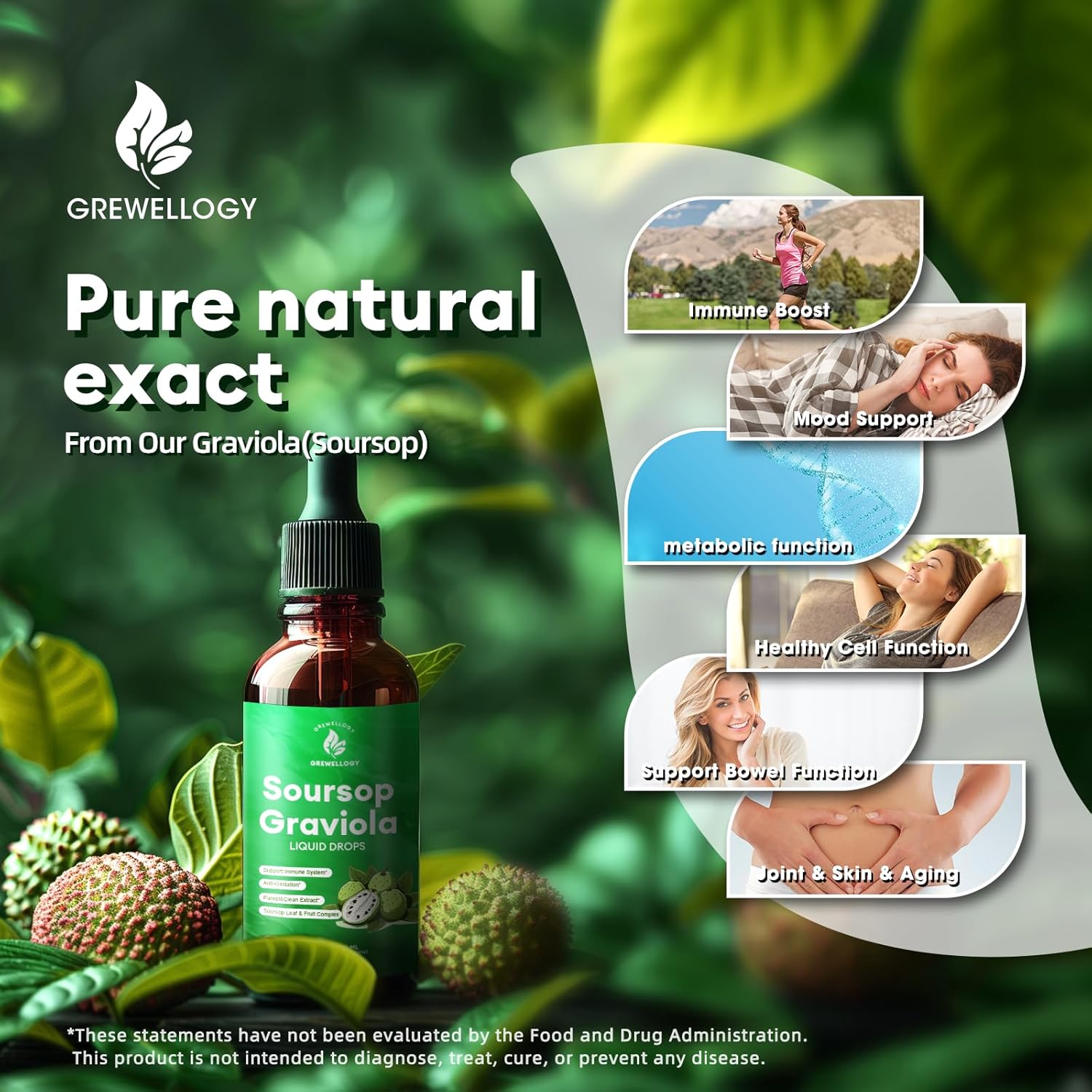 Soursop Graviola Liquid Drops Supplements for Cell Support, Sleep, Skin, Immune Boost - Original Flavor, 2 Fl Oz