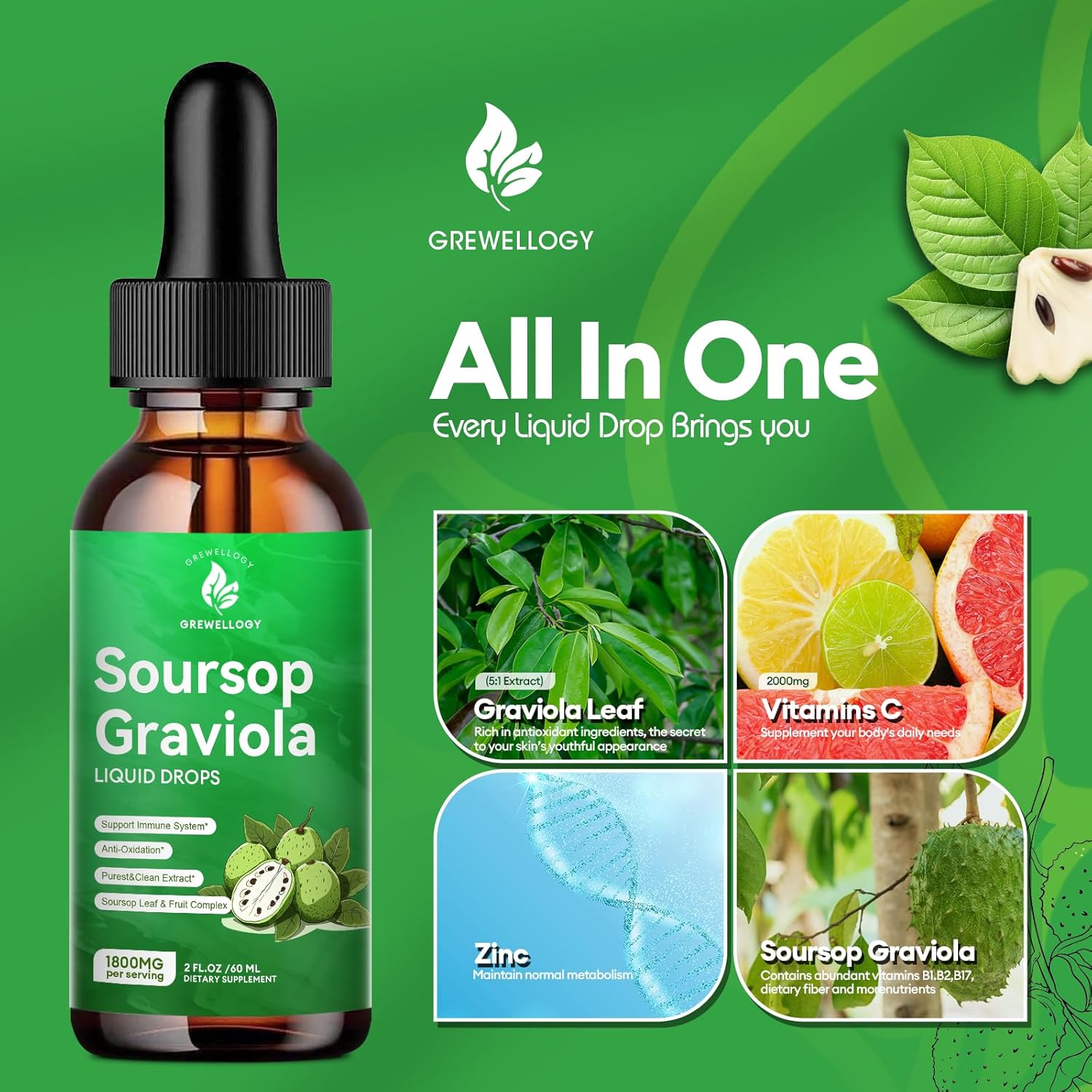 Soursop Graviola Liquid Drops Supplements for Cell Support, Sleep, Skin, Immune Boost - Original Flavor, 2 Fl Oz