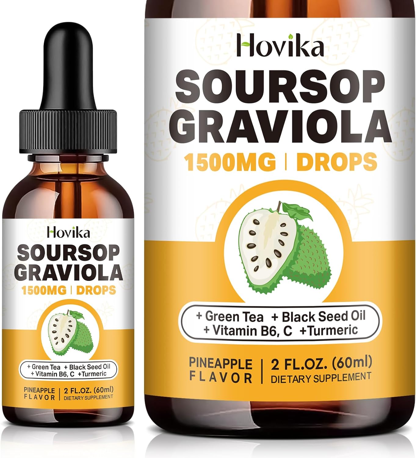 Soursop Graviola Liquid Drops with Green Tea, Black Seed Oil, and Turmeric - 1500mg Antioxidant Support for Immune System - Natural Pineapple Flavor - 2 Fl Oz