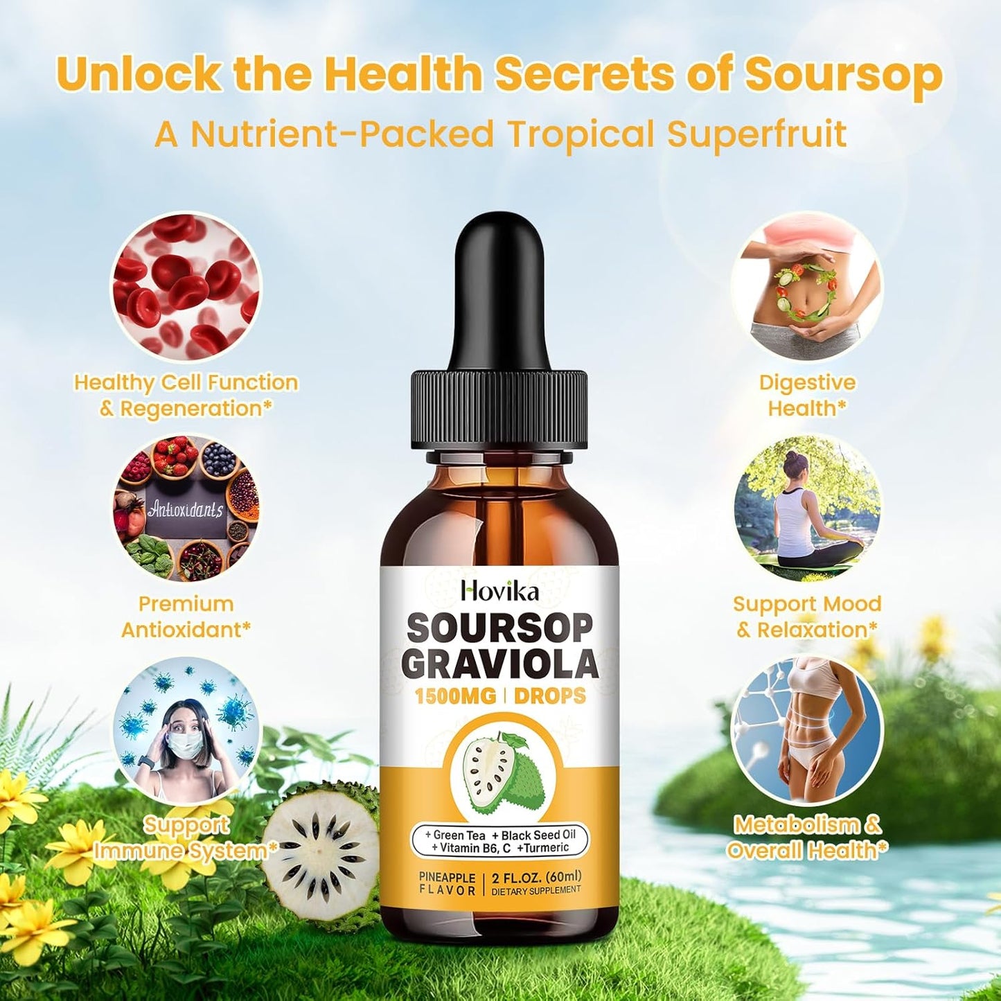 Soursop Graviola Liquid Drops with Green Tea, Black Seed Oil, and Turmeric - 1500mg Antioxidant Support for Immune System - Natural Pineapple Flavor - 2 Fl Oz
