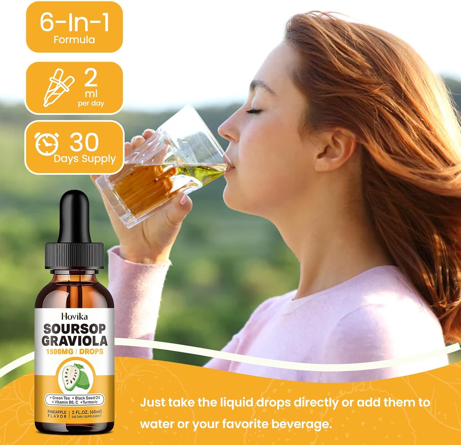 Soursop Graviola Liquid Drops with Green Tea, Black Seed Oil, and Turmeric - 1500mg Antioxidant Support for Immune System - Natural Pineapple Flavor - 2 Fl Oz