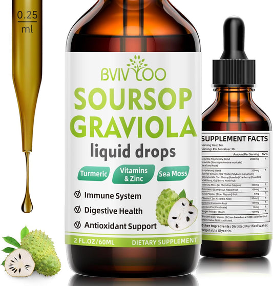 Soursop Graviola Liquid Drops with Sea Moss & Elderberry - 2000mg Pure Extract - Cell Support, Antioxidant, Immune Boost - 2 Fl Oz Bottle - BoostGo Australia