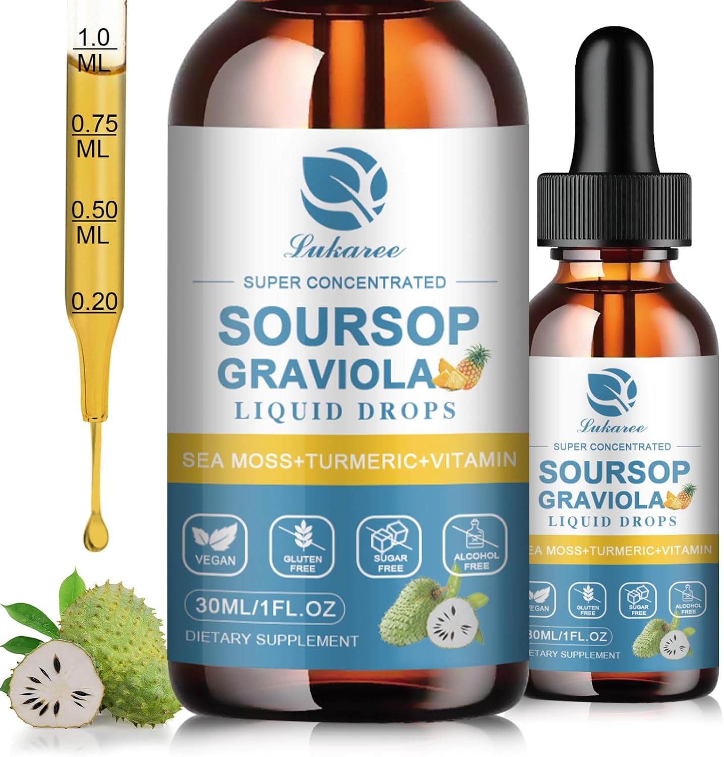 Soursop Leaf Extract Liquid Drops with Sea Moss for Cell Support & Immunity - Pineapple Flavor, 1 Fl Oz (2 Pack)