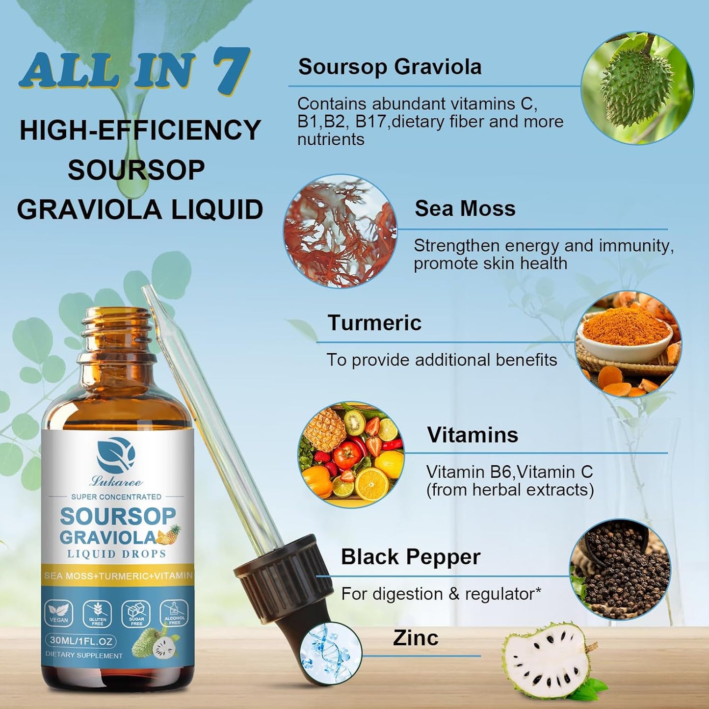 Soursop Leaf Extract Liquid Drops with Sea Moss for Cell Support & Immunity - Pineapple Flavor, 1 Fl Oz (2 Pack)