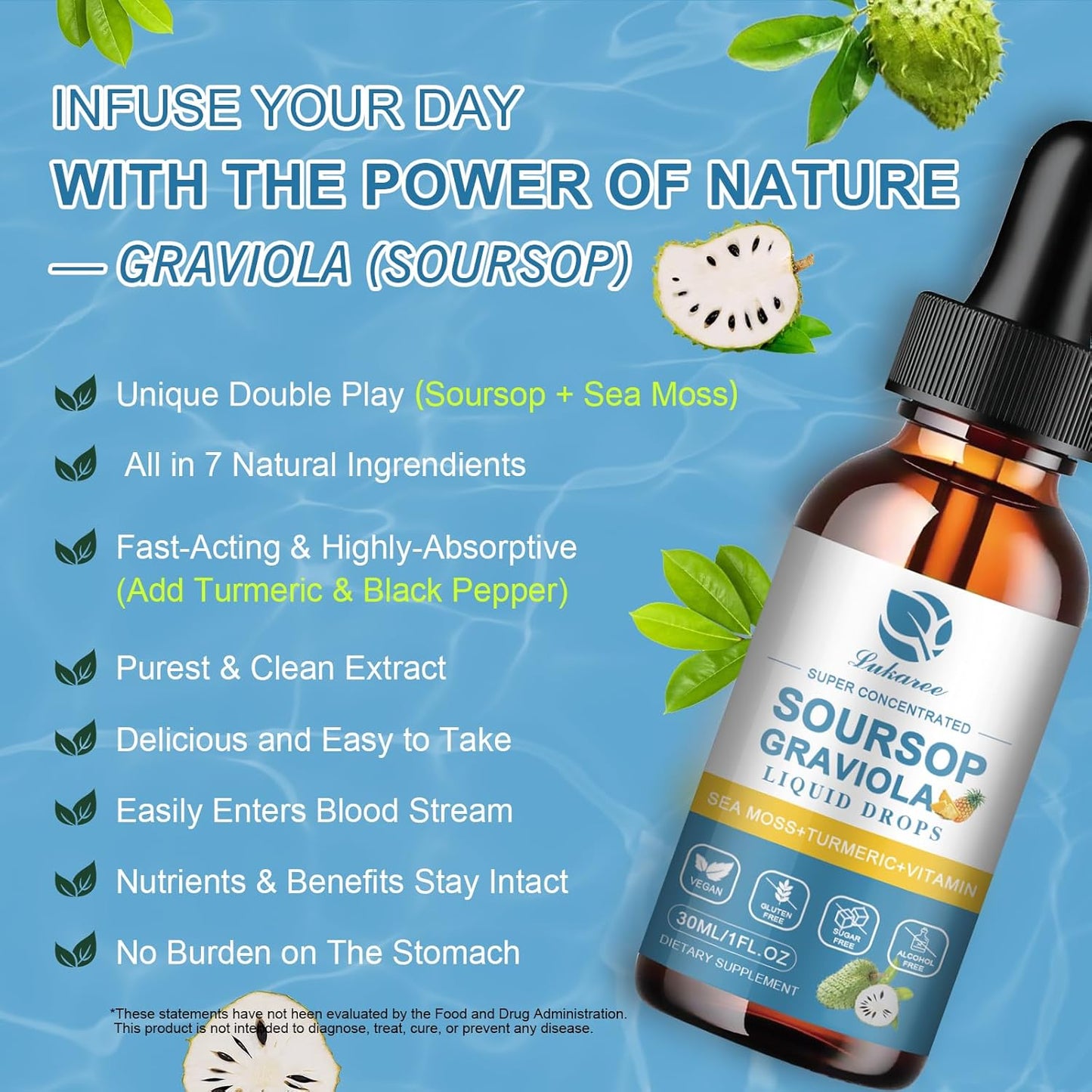 Soursop Leaf Extract Liquid Drops with Sea Moss for Cell Support & Immunity - Pineapple Flavor, 1 Fl Oz (2 Pack)