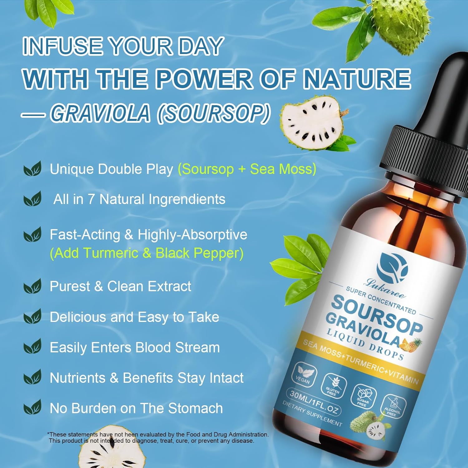 Soursop Leaf Extract Liquid Drops with Sea Moss for Cell Support & Immunity - Pineapple Flavor, 1 Fl Oz (2 Pack)