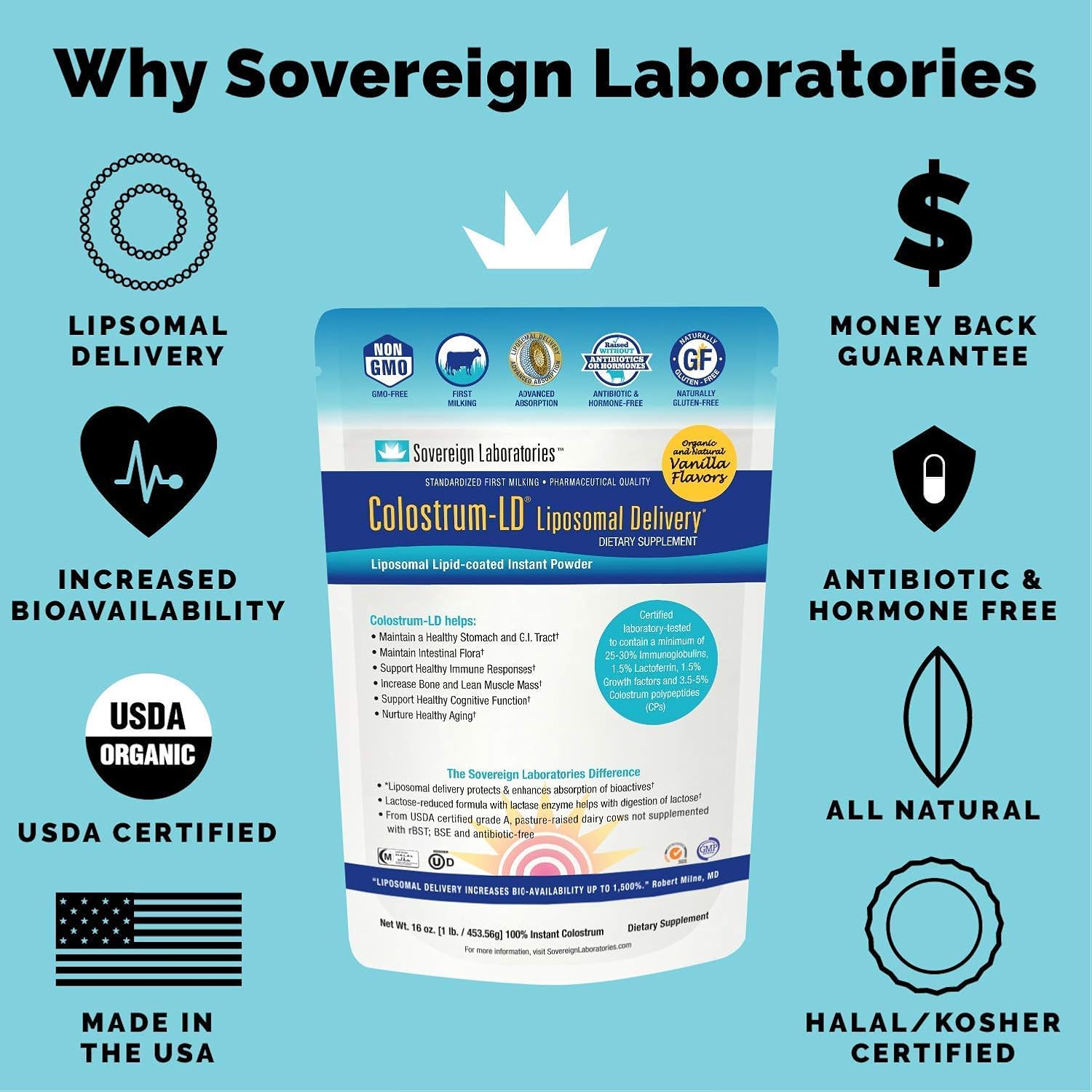 Sovereign Laboratories Colostrum-LD® Powder - Natural Vanilla Flavor - 12oz/340g - 30-60 Day Supply