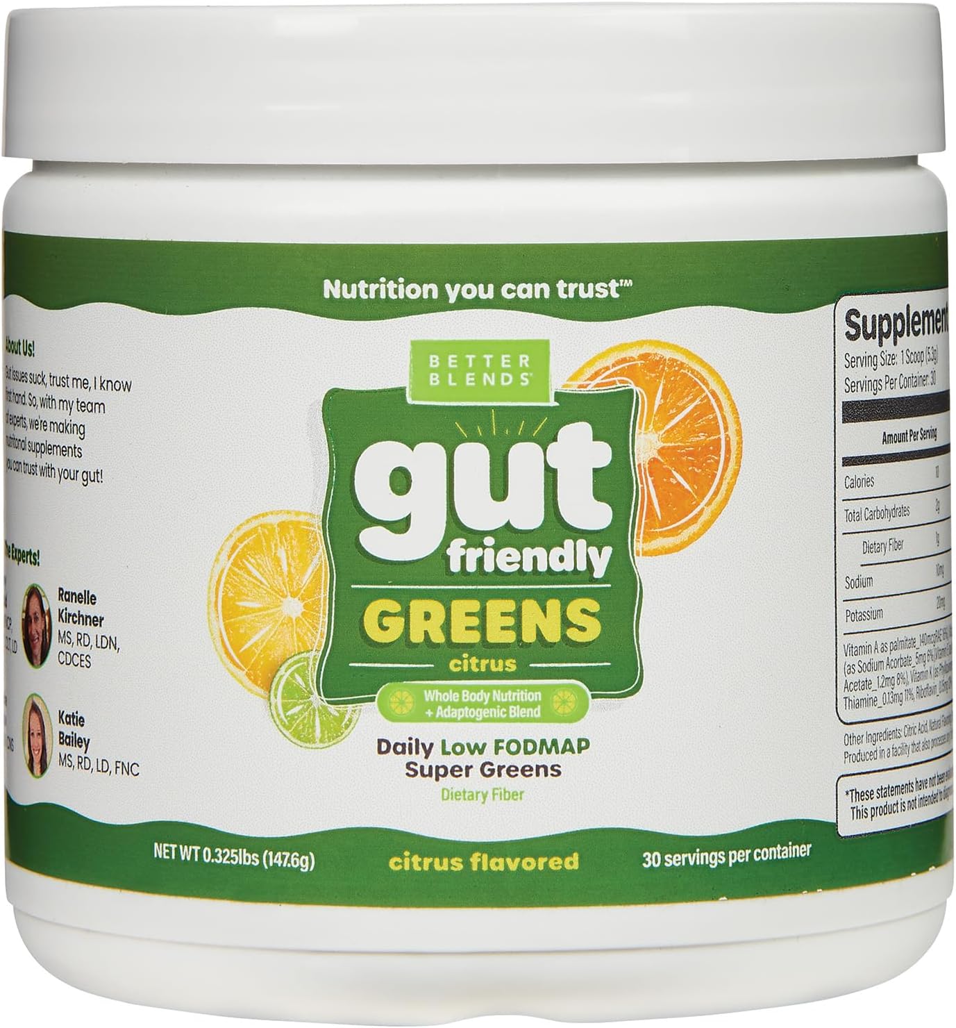 Soy-Free Super Greens Powder, Low FODMAP Certified, Gut-Friendly, Non-Bloating Citrus Blend - 30 Servings