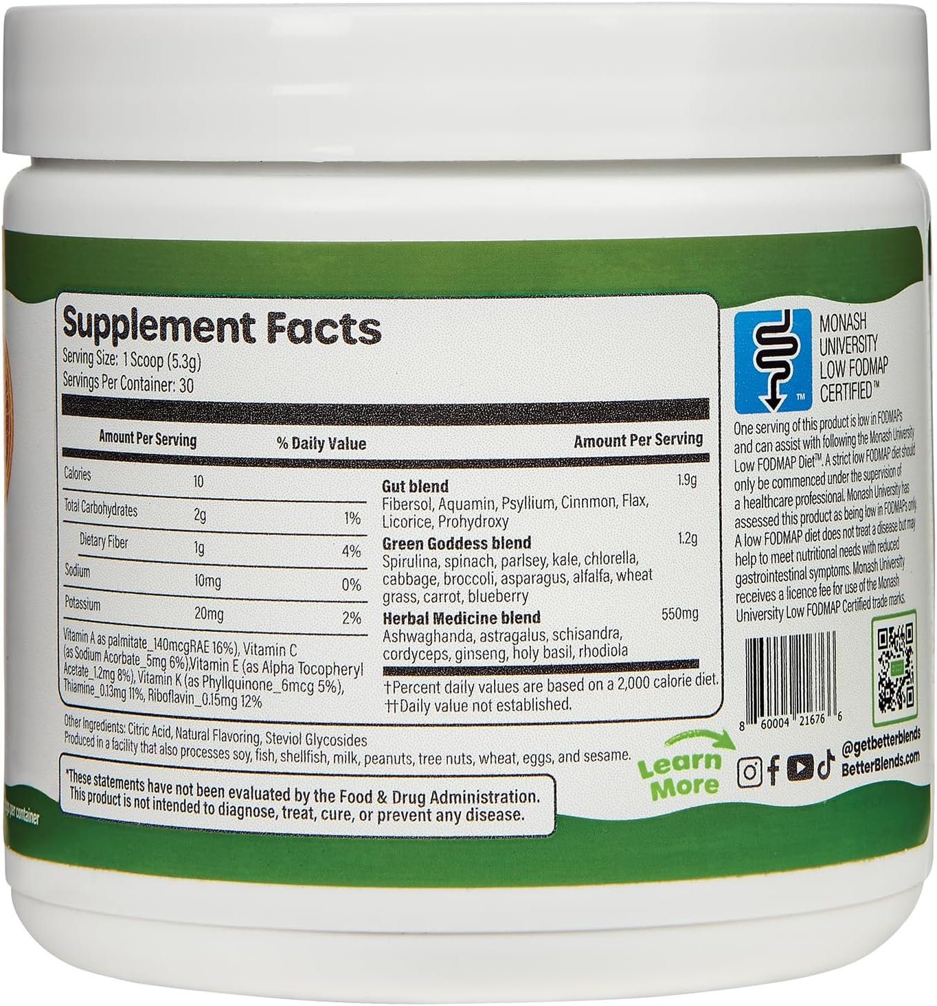 Soy-Free Super Greens Powder, Low FODMAP Certified, Gut-Friendly, Non-Bloating Citrus Blend - 30 Servings