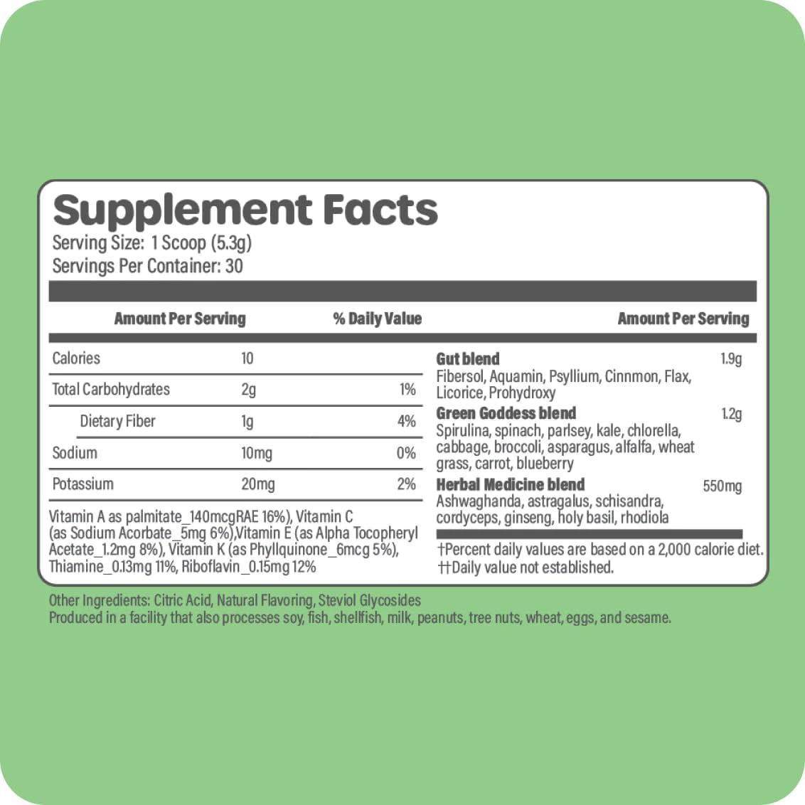 Soy-Free Super Greens Powder, Low FODMAP Certified, Gut-Friendly, Non-Bloating Citrus Blend - 30 Servings