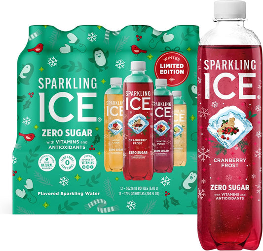 Sparkling Ice Winter Variety Pack - 12 Count, 17 fl oz - Flavored Sparkling Water with Zero Sugar, Vitamins, and Antioxidants - Cranberry Frost, Winter Punch, Apple Cider, Ginger Lime