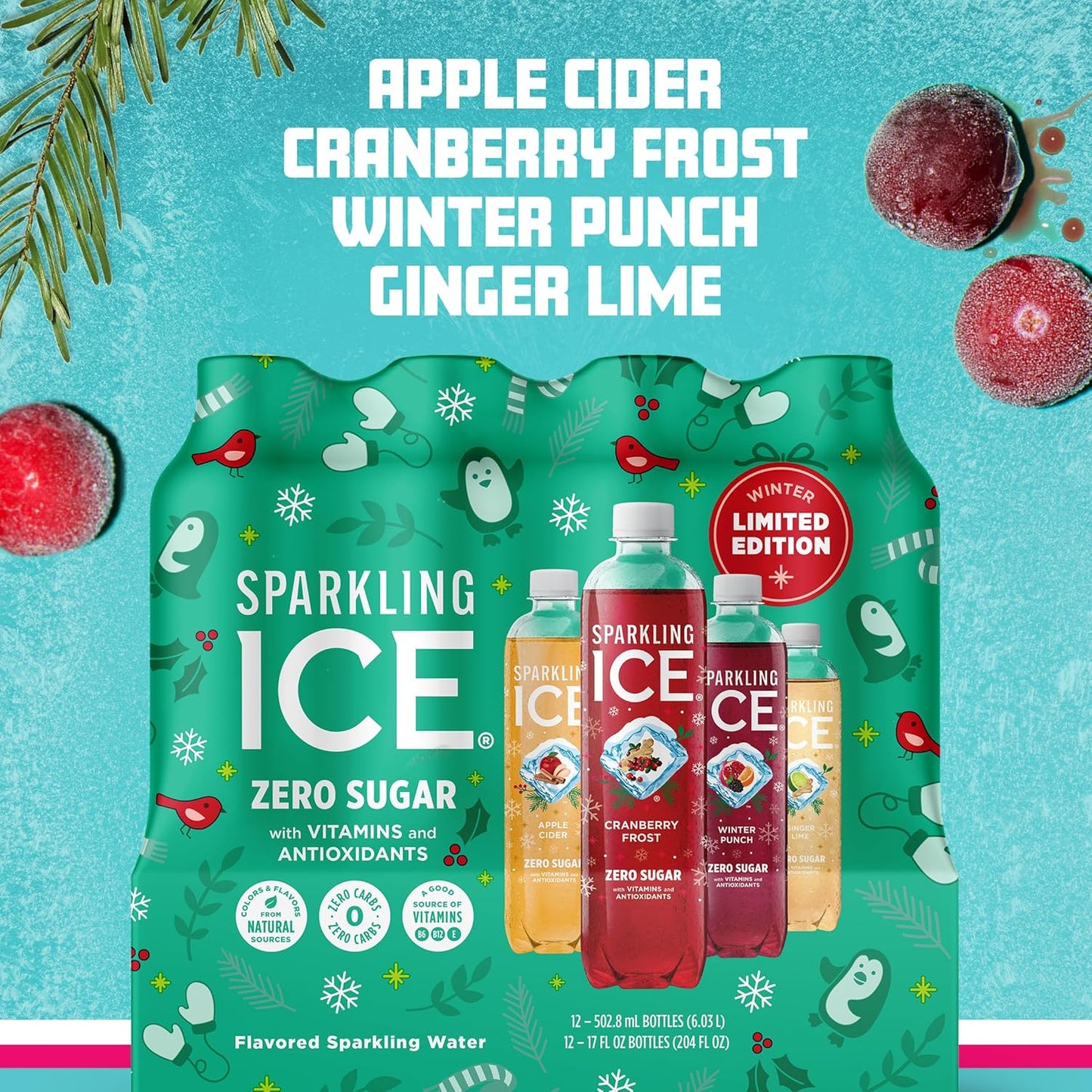 Sparkling Ice Winter Variety Pack - 12 Count, 17 fl oz - Flavored Sparkling Water with Zero Sugar, Vitamins, and Antioxidants - Cranberry Frost, Winter Punch, Apple Cider, Ginger Lime
