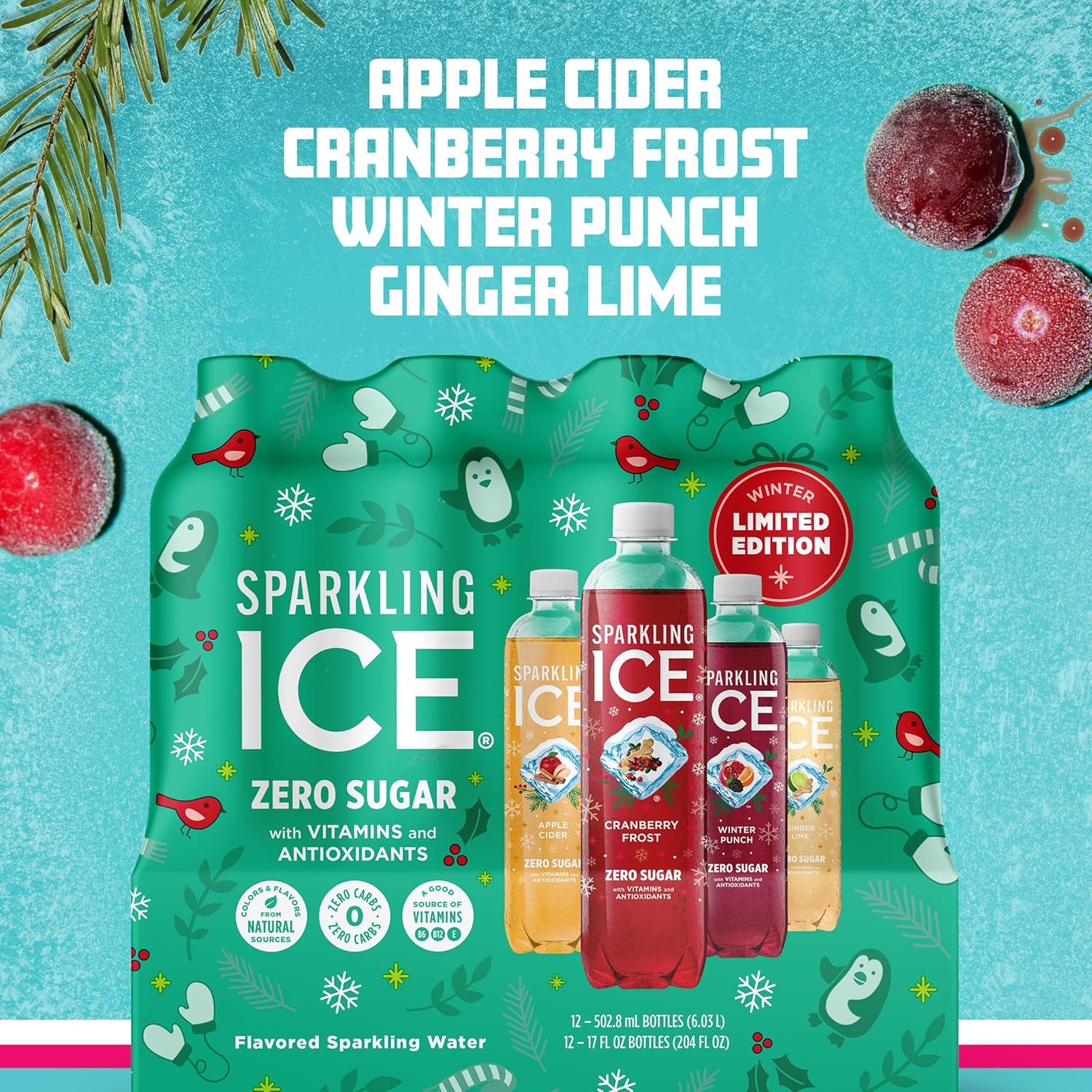 Sparkling Ice Winter Variety Pack - 12 Count, 17 fl oz - Flavored Sparkling Water with Zero Sugar, Vitamins, and Antioxidants - Cranberry Frost, Winter Punch, Apple Cider, Ginger Lime