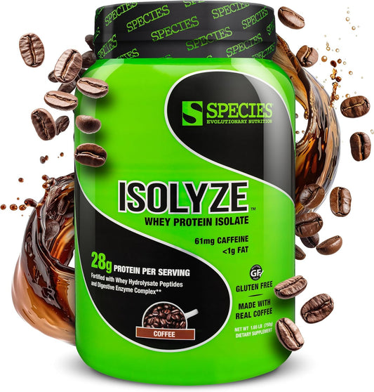 Species Nutrition Isolyze Coffee Whey Protein Powder - 27.5g Protein Per Scoop, 100% Whey Isolate for Muscle Building - No Sugar, Low Fat - 22 Servings