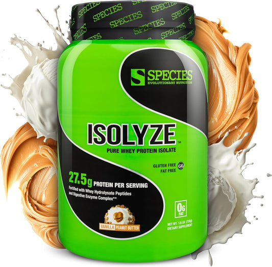 Species Nutrition Isolyze Vanilla Peanut Butter Whey Protein Powder - 27.5g Protein, 100% Whey Isolate for Muscle Building, No Sugar, Low Fat - 22 Servings