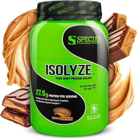 Species Nutrition Isolyze Whey Protein Powder - Chocolate Peanut Butter Flavor, 27.5g Protein, 100% Whey Isolate for Muscle Growth, Low Fat & Sugar-Free, 22 Servings