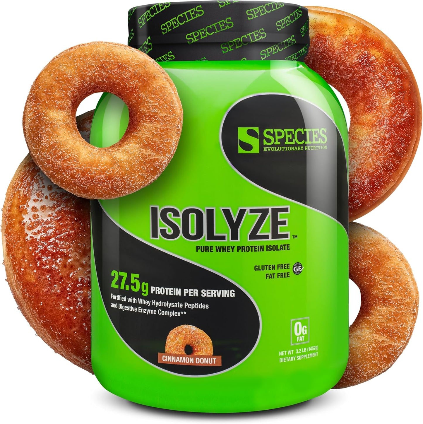 Species Nutrition Isolyze Whey Protein Powder - Cinnamon Donut Flavor, 27.5g Protein Per Serving, 100% Whey Isolate for Muscle Growth, Low Fat & Sugar-Free, 44 Servings