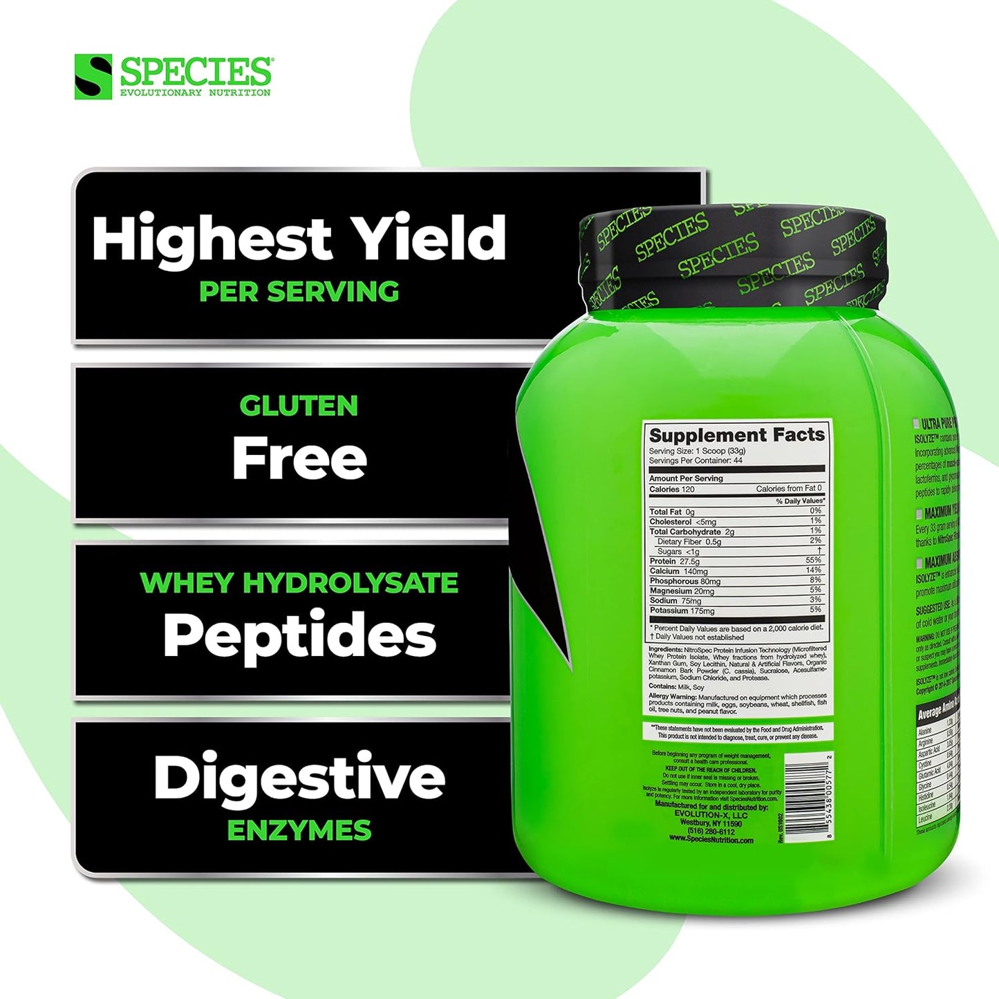 Species Nutrition Isolyze Whey Protein Powder - Cinnamon Donut Flavor, 27.5g Protein Per Serving, 100% Whey Isolate for Muscle Growth, Low Fat & Sugar-Free, 44 Servings