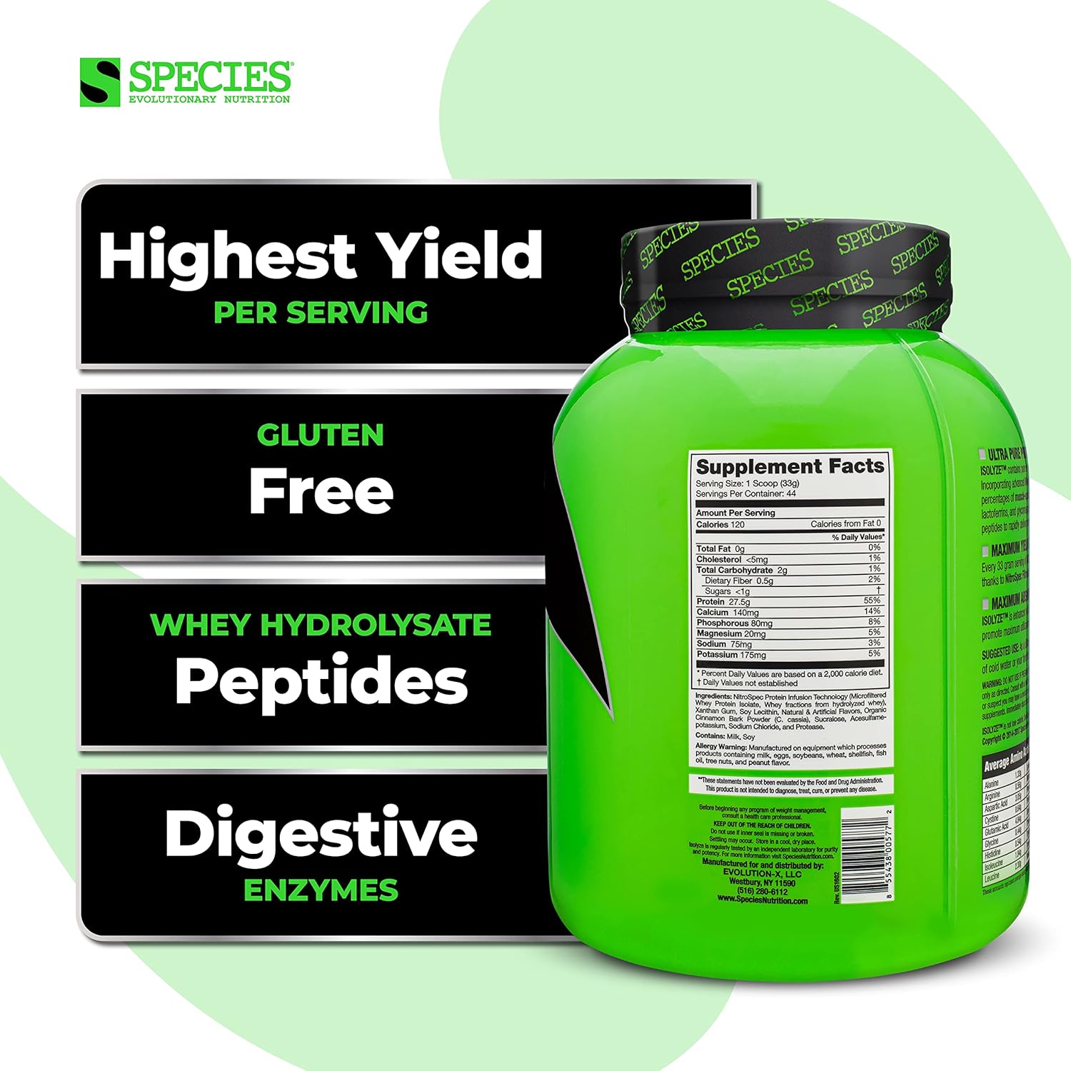 Species Nutrition Isolyze Whey Protein Powder - Cinnamon Donut Flavor, 27.5g Protein Per Serving, 100% Whey Isolate for Muscle Growth, Low Fat & Sugar-Free, 44 Servings