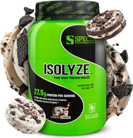 Species Nutrition Isolyze Whey Protein Powder - Cookies & Cream Flavor, 27.5g Protein Per Serving, 100% Whey Isolate for Muscle Growth, Low Fat & Sugar-Free Formula - 22 Servings