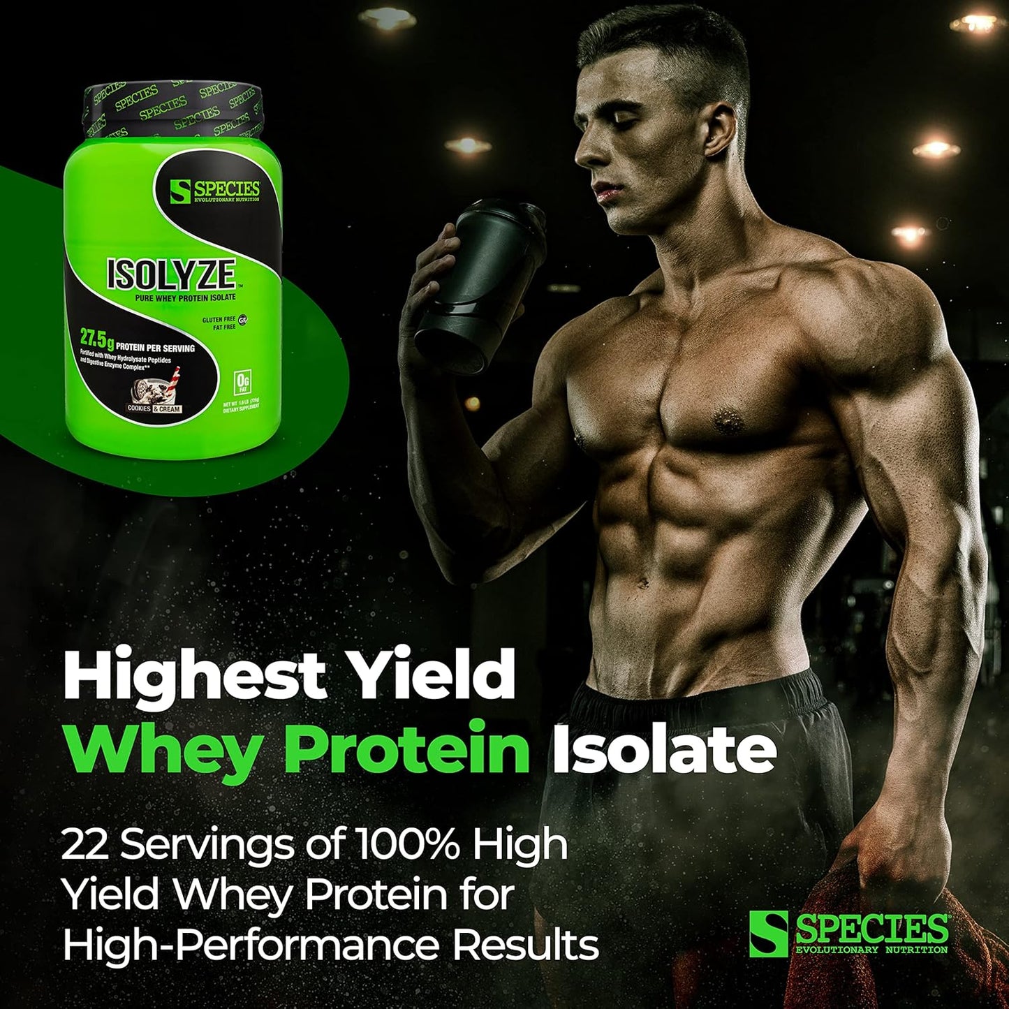 Species Nutrition Isolyze Whey Protein Powder - Cookies & Cream Flavor, 27.5g Protein Per Serving, 100% Whey Isolate for Muscle Growth, Low Fat & Sugar-Free Formula - 22 Servings