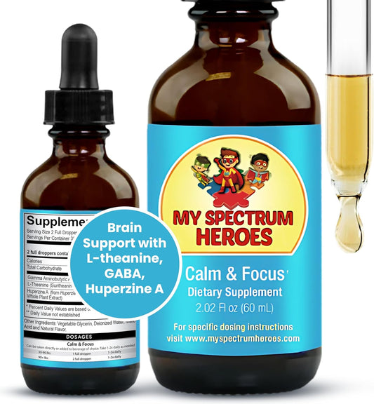 Spectrum Heroes Calm & Focus Supplement Drops with L-theanine, GABA, Huperzine A - Enhance Focus for Kids and Adults - Boost Concentration - 2.02 FL oz.