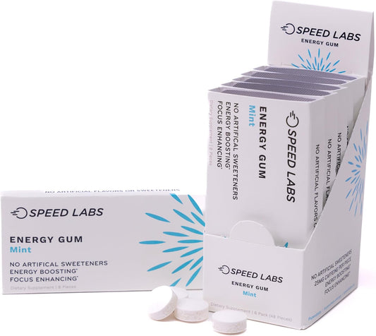 Speed Labs Mint Natural Caffeine Energy Gum - 25mg Caffeine, Taurine, B Vitamins - 48 Pieces (6 Packs) - Sugar Free, Zero Calories - Gluten Free