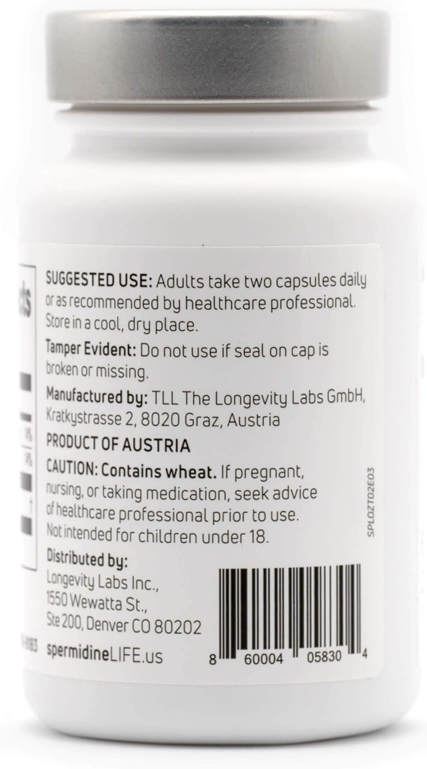 spermidineLIFE 800mg Natural Supplement with High Spermidine Content and Zinc, Plant-Based for Cell Renewal, Vegan, 60 Vegetarian Capsules - Pack of 2